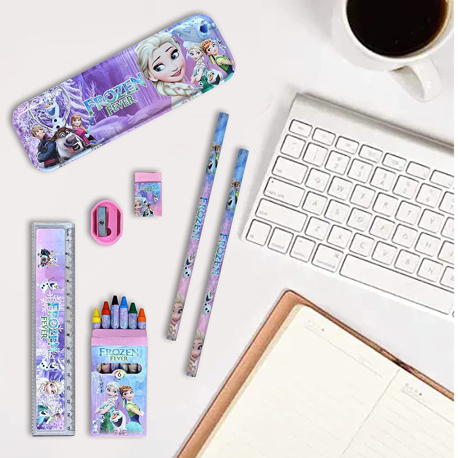 Disney Frozen Fever themed stationery set for kids, including a pencil box, pencils, eraser, sharpener, ruler, and a mini crayon set, all featuring Elsa and Anna characters. Ideal for school supplies and girls' gifts on usmile.toys. www.usmile.toys